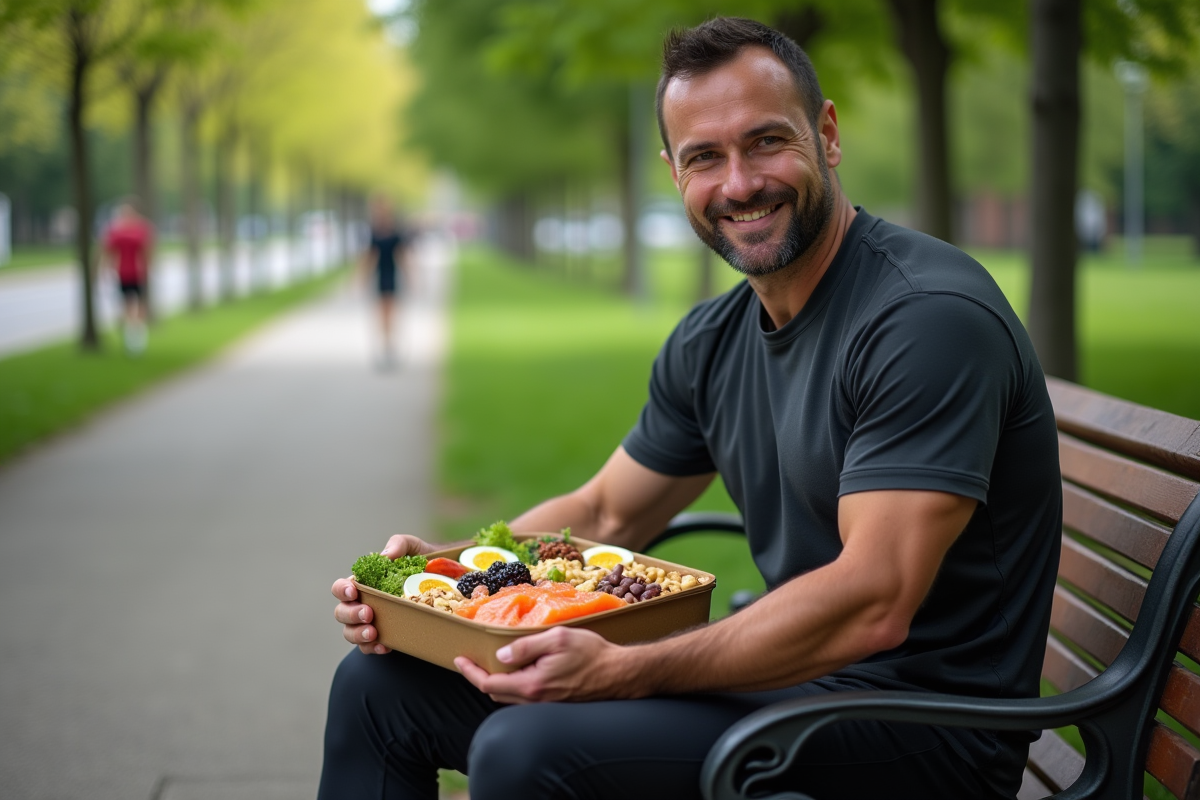 Homme sportif avec lunchbox dans un parc en plein air
