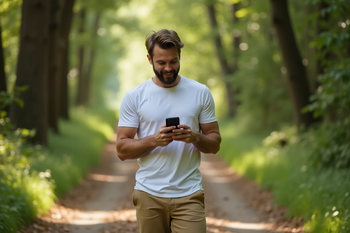 Homme sur sentier forestier consultant une application de podomètre sur son smartphone affichant 7500 pas en kilomètres