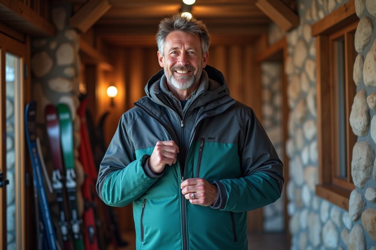 Homme d age moyen dans un lodge de ski en train de se changer