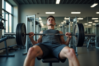 Jeune homme faisant du développé couché en salle de sport