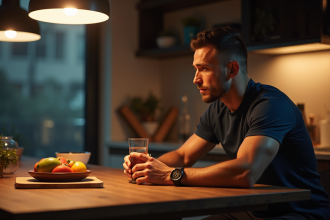 Homme sportif mangeant un snack sain dans la cuisine en soirée
