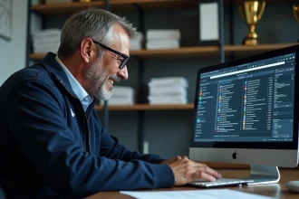 Homme d'âge moyen explorant un menu sur un ordinateur portable dans un bureau de club de judo