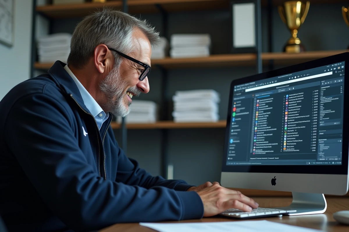 Homme d'âge moyen explorant un menu sur un ordinateur portable dans un bureau de club de judo