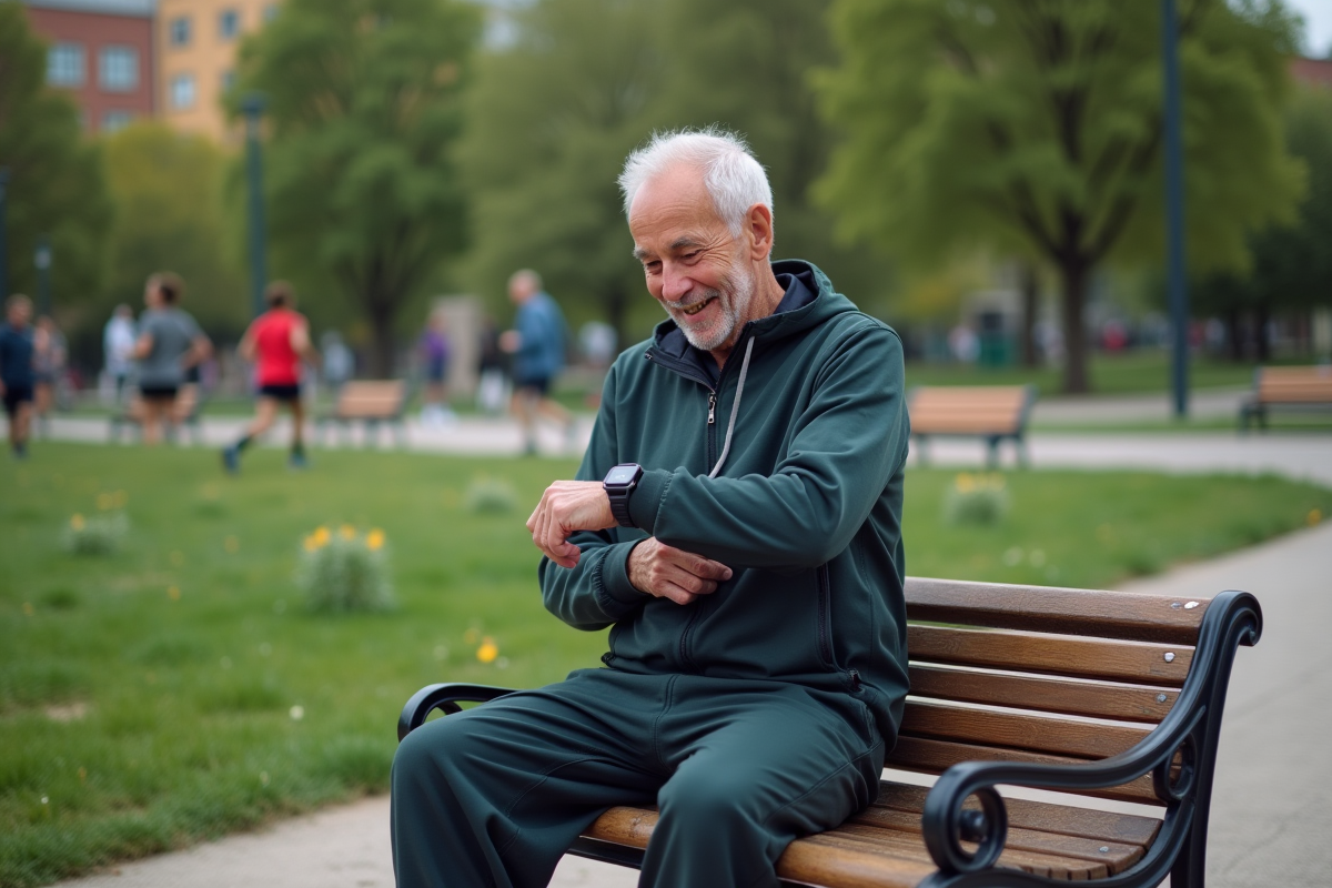 Homme âgé vérifiant ses progrès fitness sur une montre dans un parc