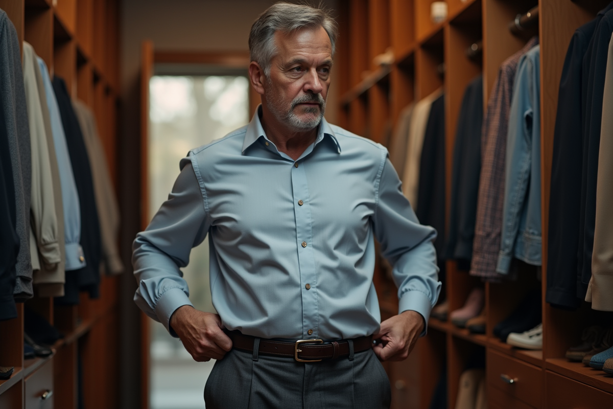 Homme en tenue décontractée vérifiant sa ceinture dans un dressing