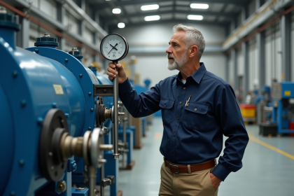 Ingénieur en usine ajustant un manomètre industriel