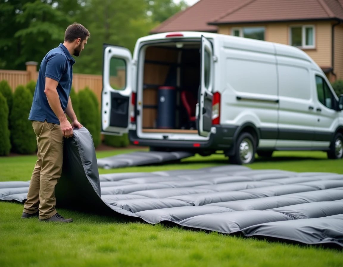 Technicien déployant un tapis gonflable pour taureau mécanique dans un jardin extérieur lors d'une livraison