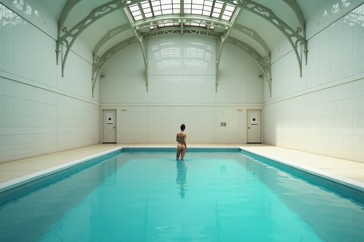 Intérieur de la Piscine de la Butte aux Cailles avec ses carreaux de céramique Art déco et son bassin en eau turquoise