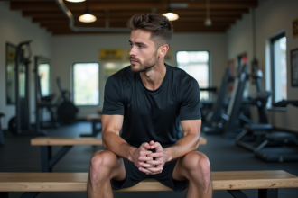 Jeune homme sportif en salle de musculation contemplant