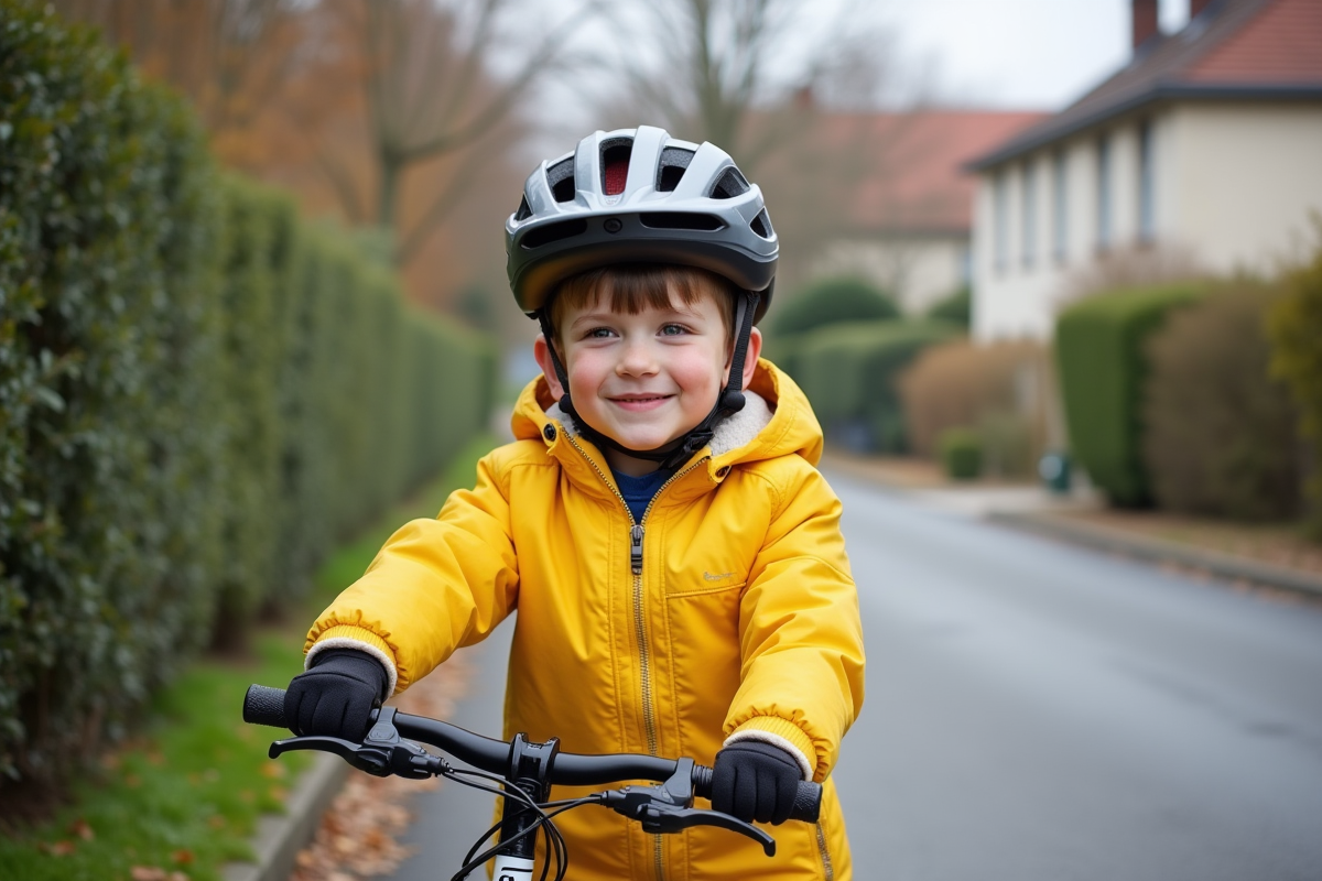 Jeune garçon avec casque et vélo dans une rue française