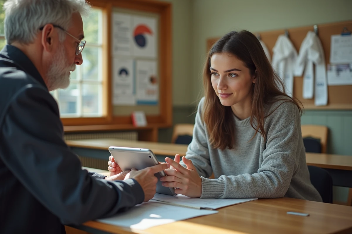 Jeune femme montrant une inscription en ligne à une collègue dans une salle de club