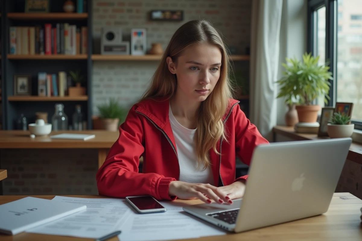 Jeune femme comparant prix de licences de pêche sur son ordinateur portable