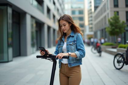 Jeune femme ajustant un support de téléphone sur son scooter électrique en ville