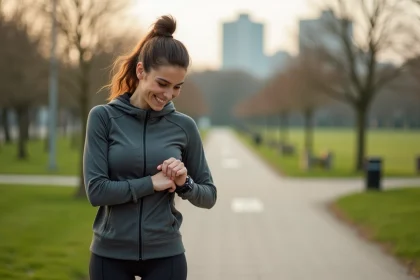Jeune femme en sportwear vérifiant son tracker dans un parc