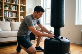 Jeune homme en salle moderne assemble sac de frappe