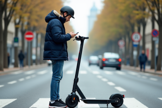 Jeune homme avec scooter électrique dans une ville française
