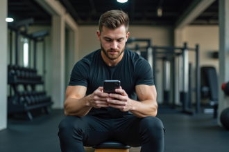 Jeune homme sportif regardant son smartphone dans une salle de gym