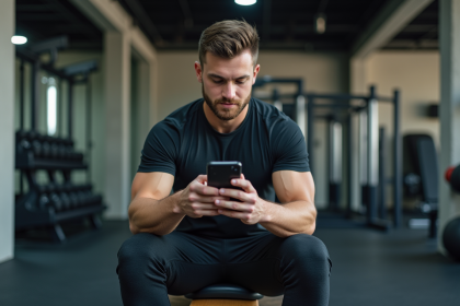 Jeune homme sportif regardant son smartphone dans une salle de gym