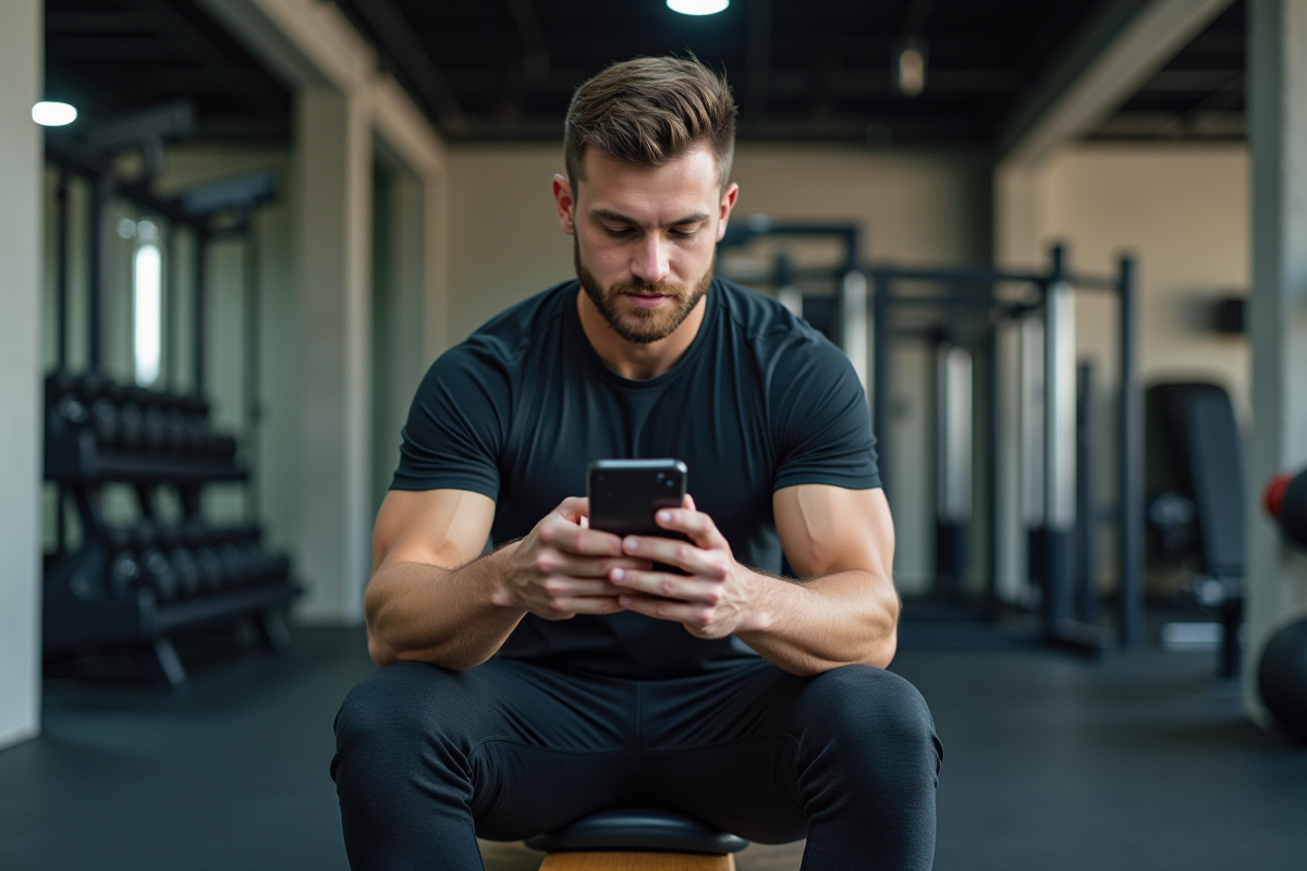 Jeune homme sportif regardant son smartphone dans une salle de gym