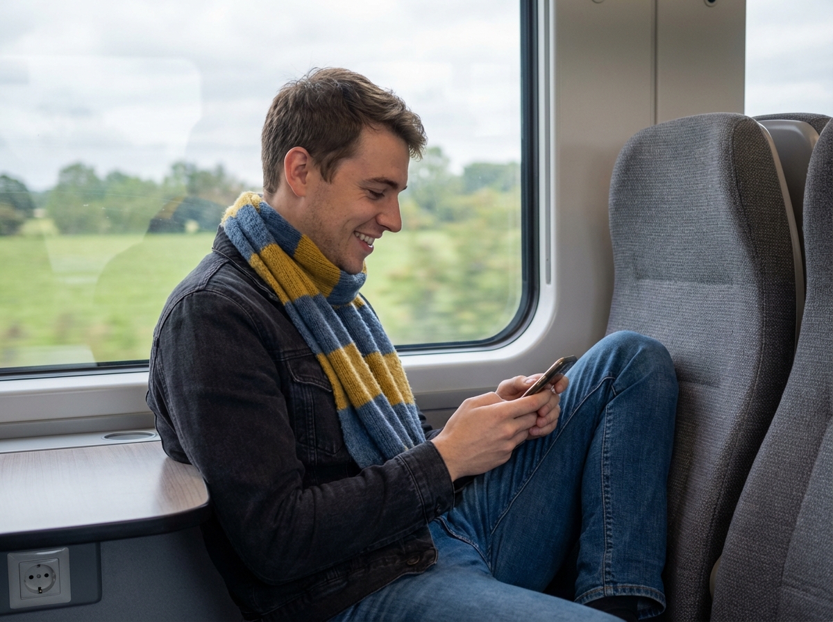 Jeune homme souriant regardant son smartphone dans un train