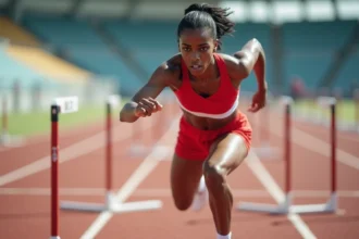 Jeune athlète haie franchissant un obstacle sur une piste d'athlétisme en compétition, inspirée par les grandes championnes françaises du 100m haies