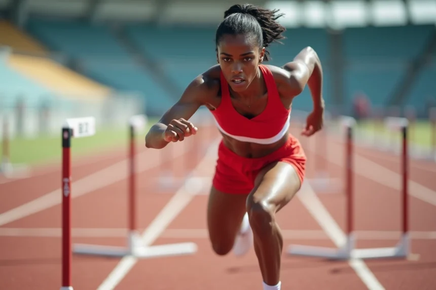 Jeune athlète haie franchissant un obstacle sur une piste d'athlétisme en compétition, inspirée par les grandes championnes françaises du 100m haies