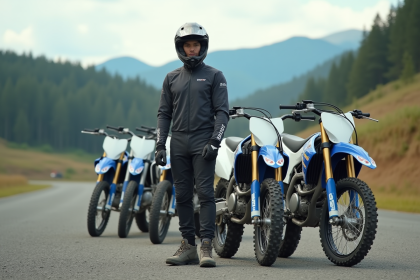 Jeune homme en motocross avec motos 125cc en extérieur