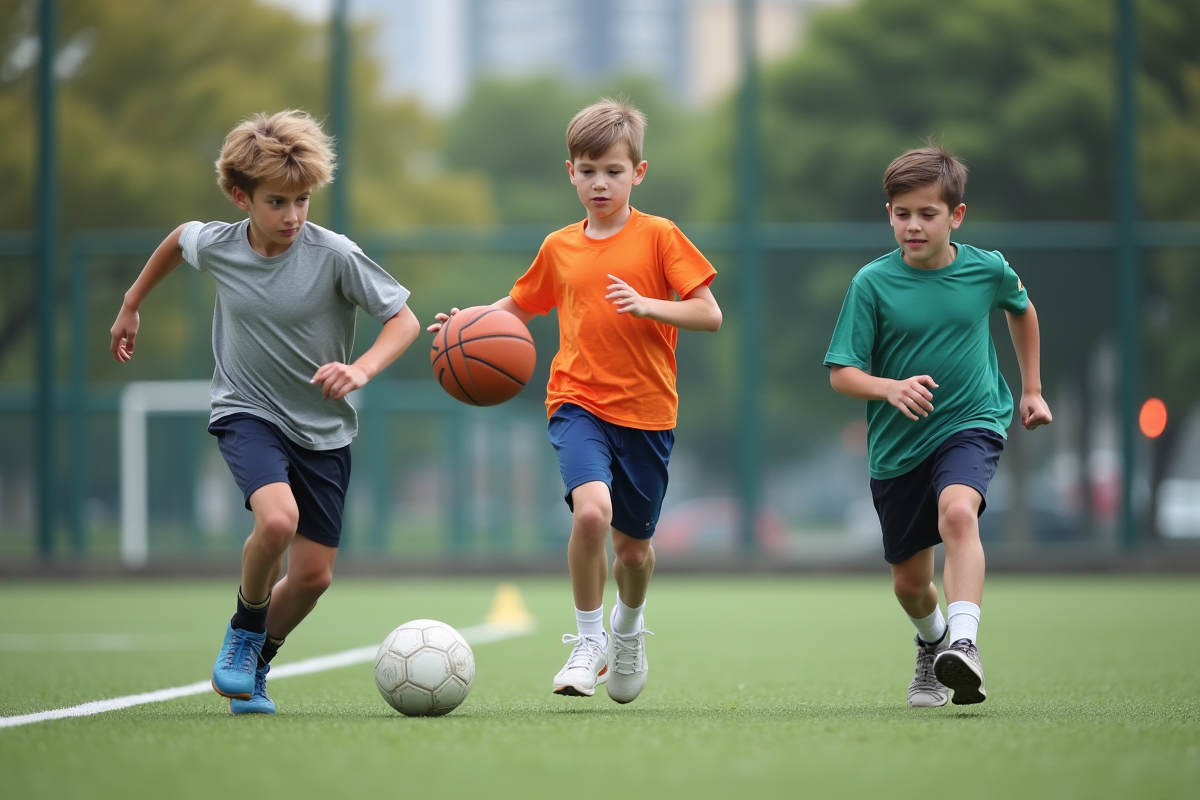 Trois adolescents pratiquant différents sports en extérieur