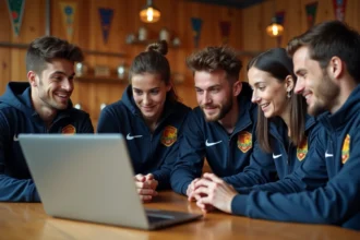 Groupe de jeunes autour d'un ordinateur dans un club sportif