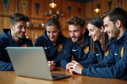 Groupe de jeunes autour d'un ordinateur dans un club sportif