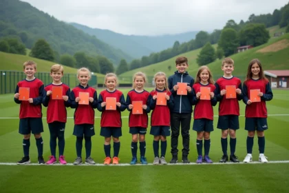 Groupe de jeunes footballeurs fiers avec licences sur terrain rural