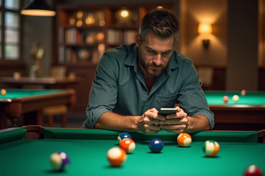 Homme d'âge moyen calculant des sangles de billard avec son smartphone