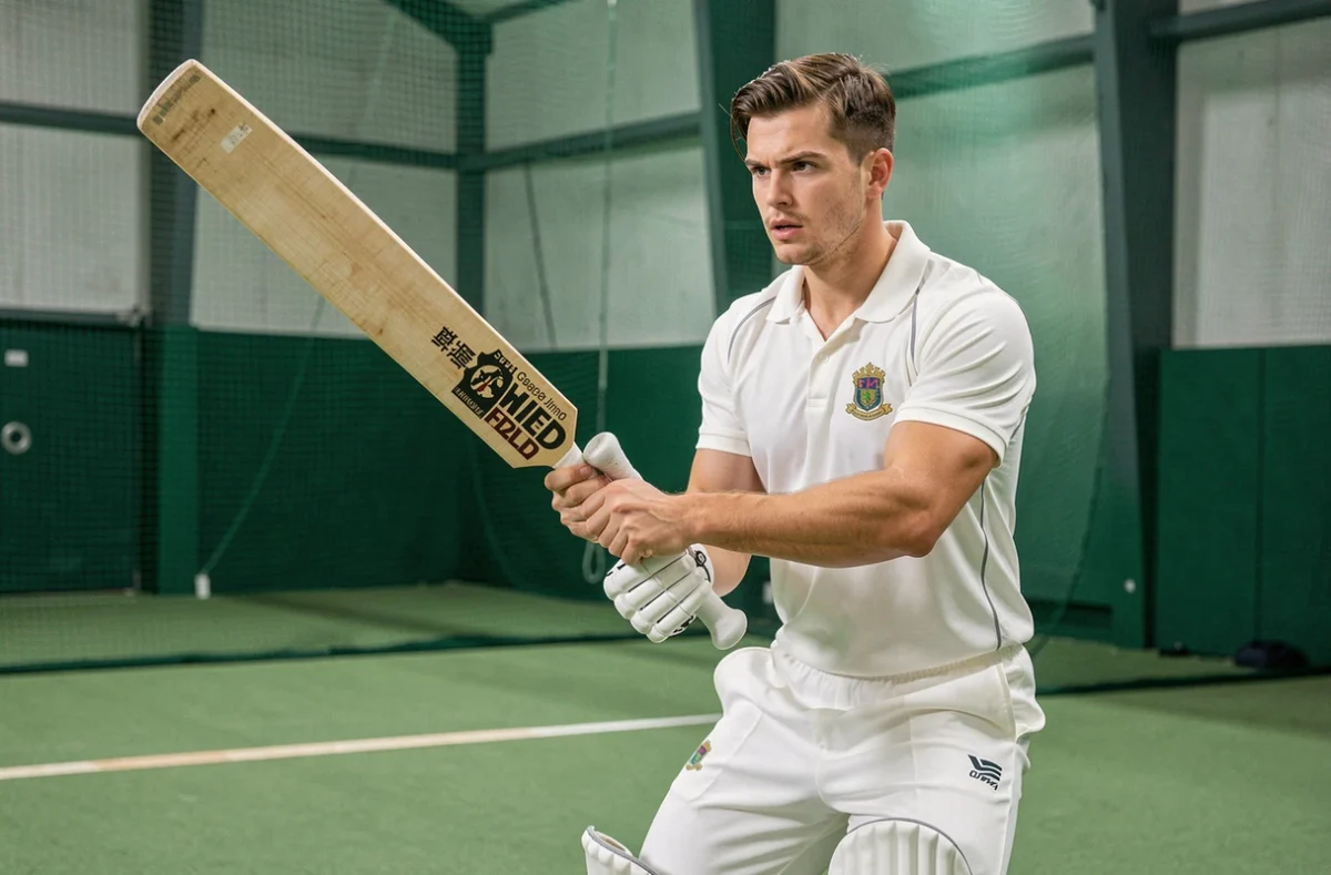 Joueur de cricket en posture de frappe tenant un bat en willow anglais dans une salle d'entraînement intérieure