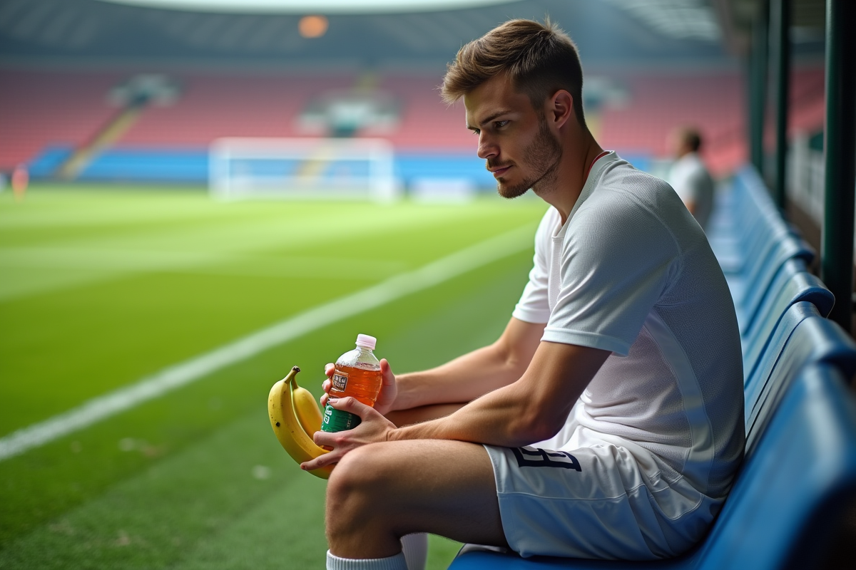 Joueur de football en pause sur le banc lors du match