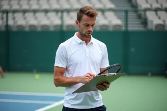 Joueur de padel analysant ses points P250 sur une feuille de score après un tournoi