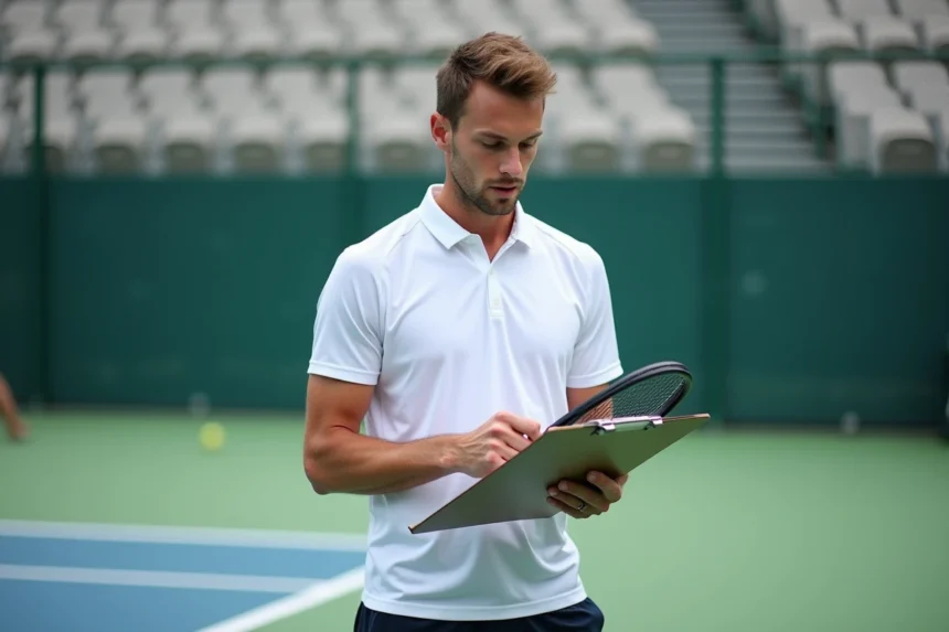 Joueur de padel analysant ses points P250 sur une feuille de score après un tournoi