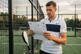 Joueur de padel homme consultant un classement de tournoi P100 avec une expression concentrée et légèrement frustrée en bord de court