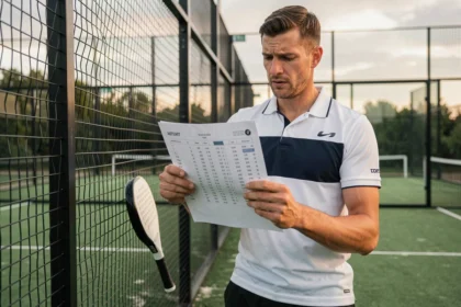 Joueur de padel homme consultant un classement de tournoi P100 avec une expression concentrée et légèrement frustrée en bord de court