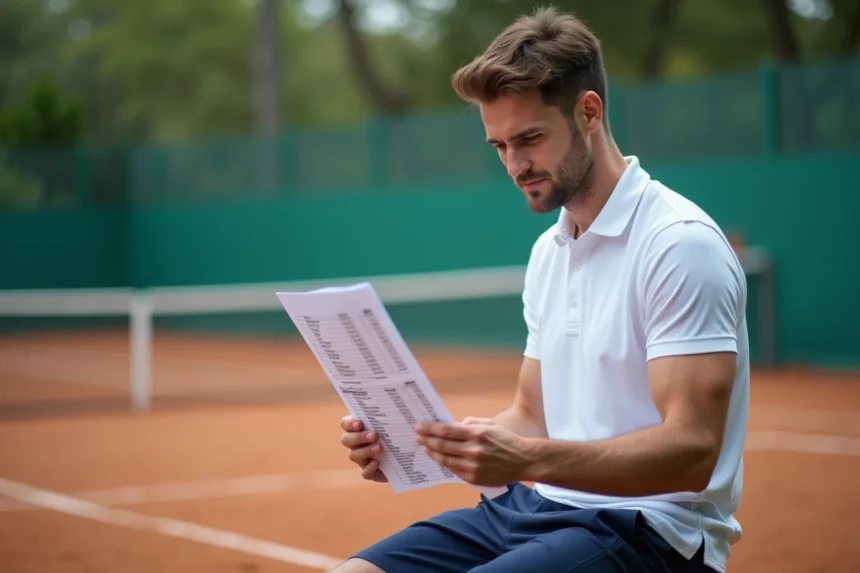 Joueur de tennis de club qui analyse sa feuille de classement et les points P100 en bord de court