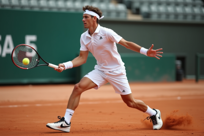 Jeune joueur de tennis en action sur terre battue