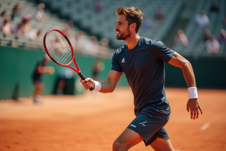 Joueur de tennis en action sur terre battue avec raquette moderne