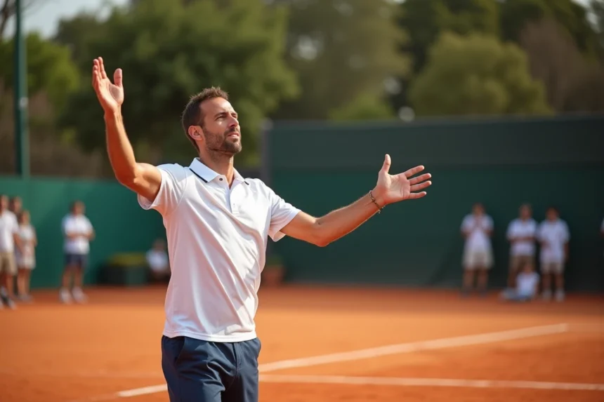 Joueur de tennis amateur en train de servir sur un court en terre battue lors d'un tournoi P100