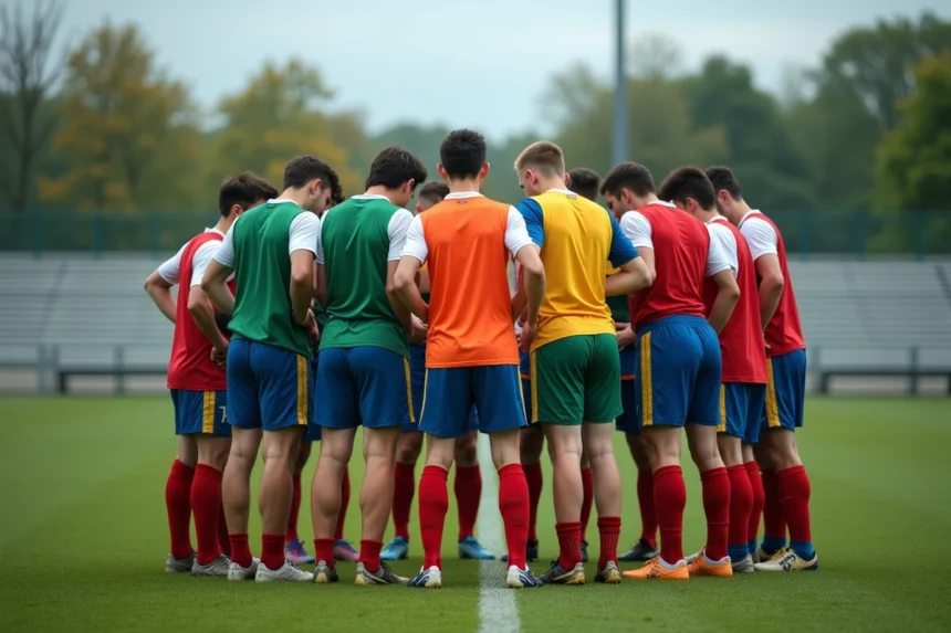 Groupe de joueurs amateurs de football en huddle sur un terrain municipal avant un match en France
