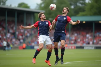 Deux joueurs de football amateur du district de l'Aisne en duel aérien lors d'un match de championnat régional