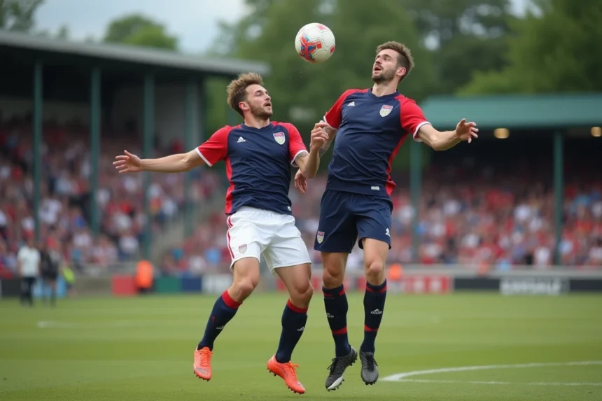 Deux joueurs de football amateur du district de l'Aisne en duel aérien lors d'un match de championnat régional