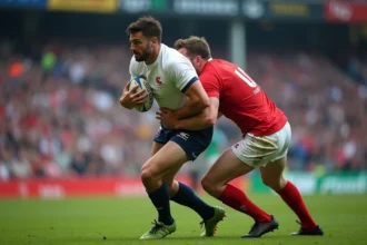 Deux joueurs de rugby en Fédérale 1 se disputent le ballon ovale lors d'un match, avec une action de plaquage intense sur terrain enherbé