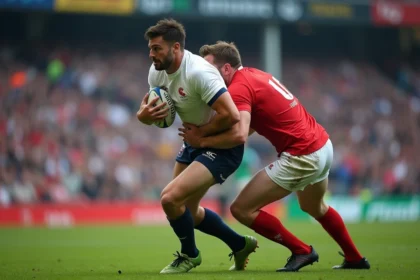Deux joueurs de rugby en Fédérale 1 se disputent le ballon ovale lors d'un match, avec une action de plaquage intense sur terrain enherbé
