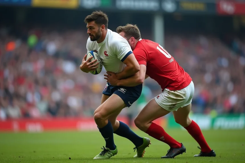 Deux joueurs de rugby en Fédérale 1 se disputent le ballon ovale lors d'un match, avec une action de plaquage intense sur terrain enherbé