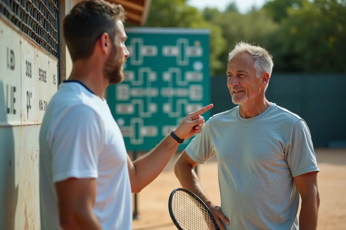 Deux joueurs de tennis de club discutant devant un tableau de tournoi affichant la répartition des points P100