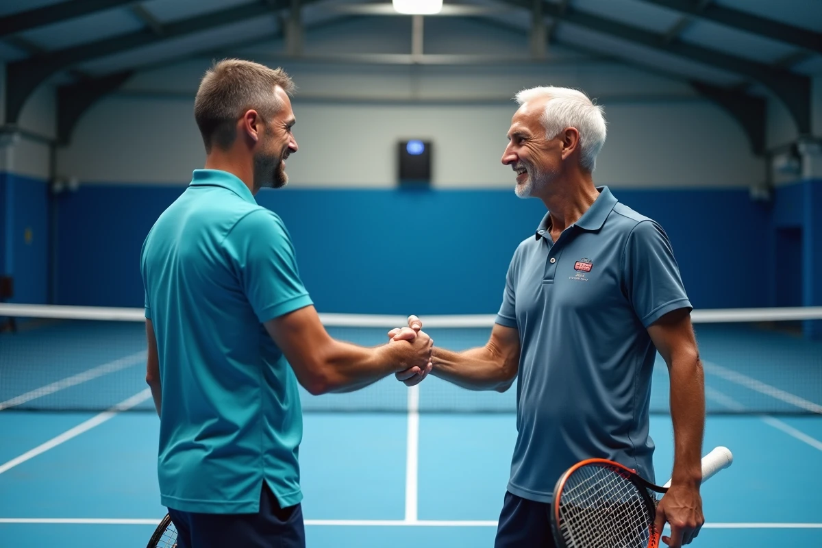 Deux joueurs de tennis se serrant la main au filet après un match de tournoi P100 en salle